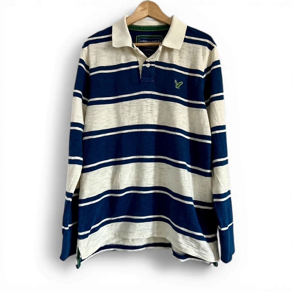 American Eagle Striped Rugby Shirt L Blue White Long Sleeve Preppy Cotton Polo